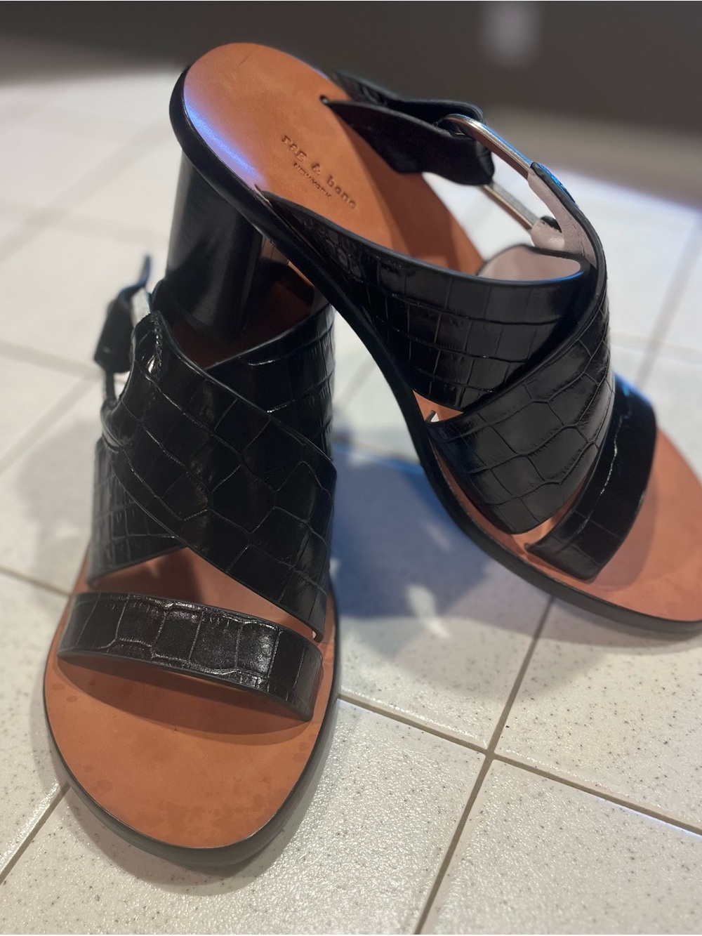 rag & bone Black Croc-Embossed Cross-Strap Slingback Heels